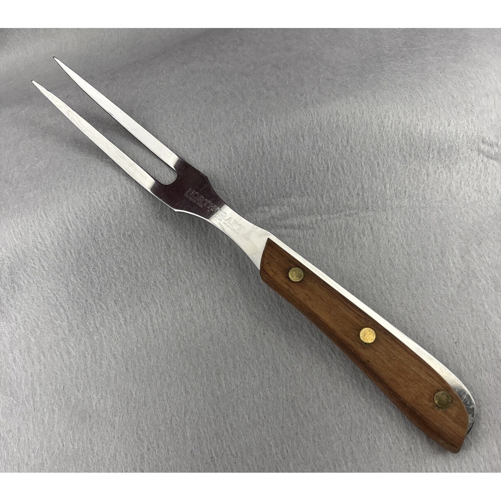 Vtg Northcraft Japan SS Full Extended Tang 2 Prong Carving Fork Acier Inoxydable